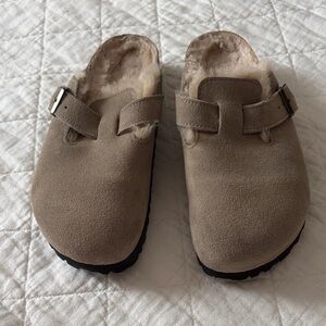 Birkenstock Taupe Suede Clogs with Shearling
